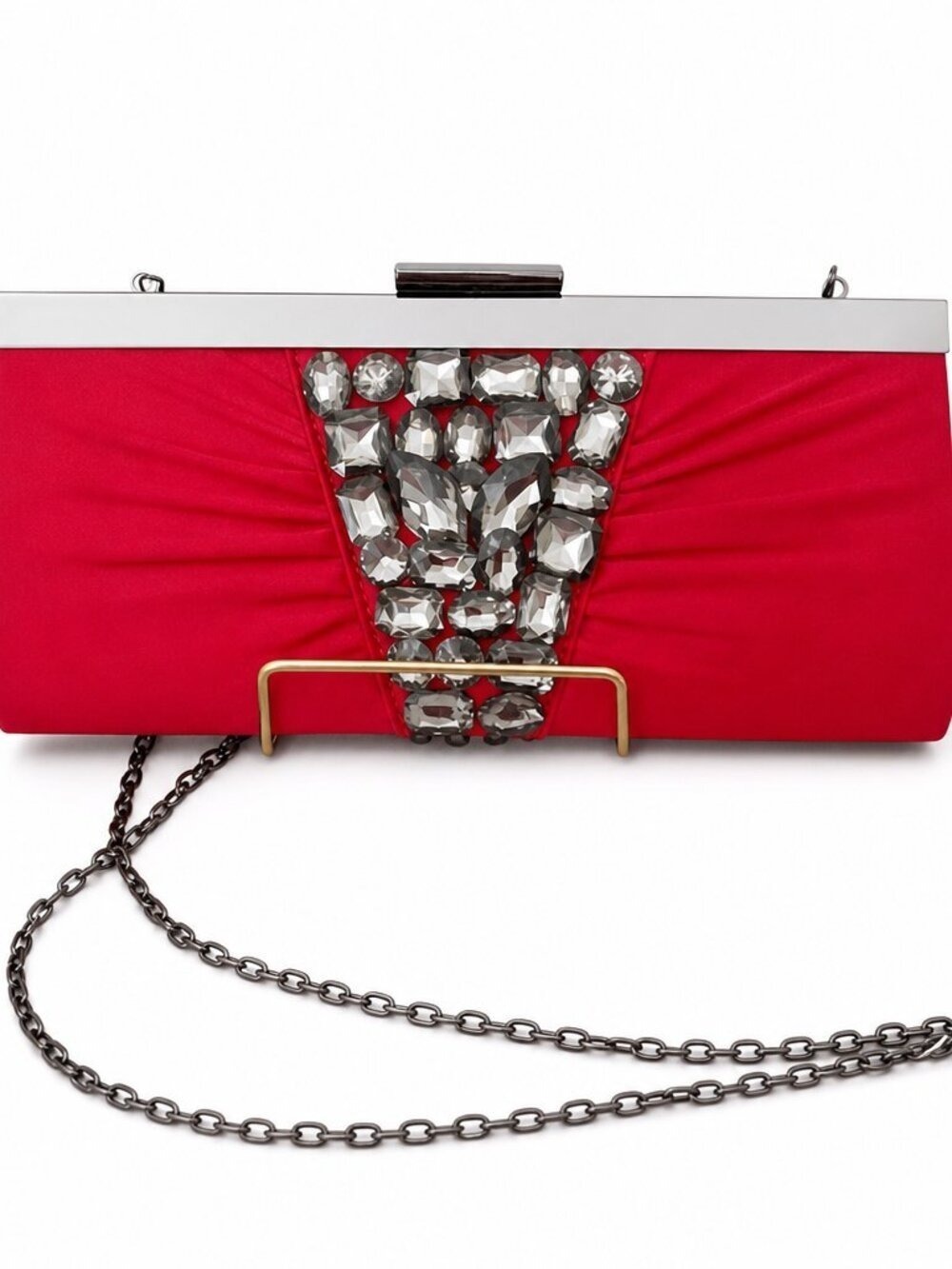 Kate Landry Red Sequin Evening Clutch with Gunmetal Chain Straps EUC